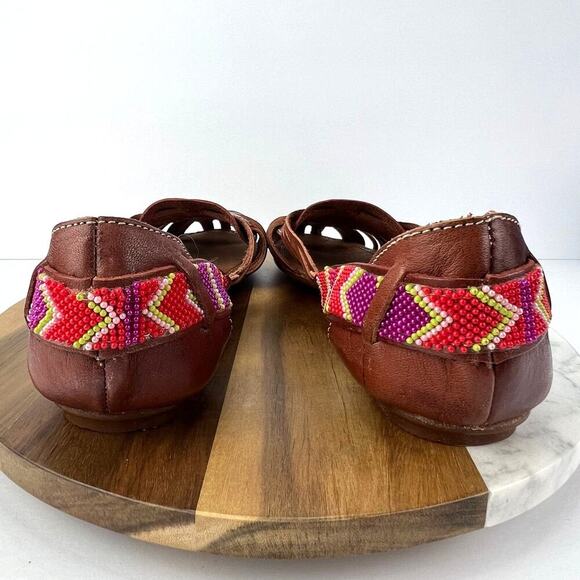 RARAMURI Mexican Beaded Hand Made Leather Woven Cognac Huarache Sandals Size 10 - Picture 4 of 10